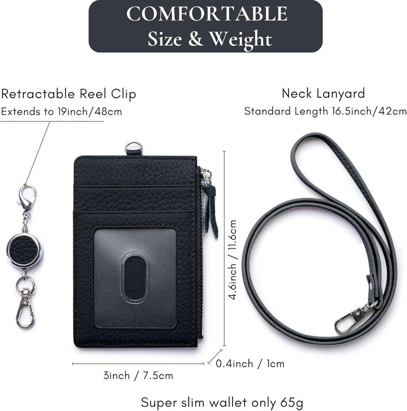 EutDett Leather Badge Holder with Lanyard, Lanyard Wallet for Women & Men, Leather Lanyards for id Badges, Women's ID Case with Zipper Pocket for Teacher Nurse Student (Black) - Image 3